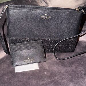 Kate Spade Black Glitter Crossbody Bag with Cardholder bundle *new